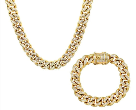 TOSOKO Stainless Steel Jewelry Winter Hip Hop Full Zircon Inlaid CUBAN CHAIN Plated 18 K Gold Necklace Bracelet Set BSP114-E028