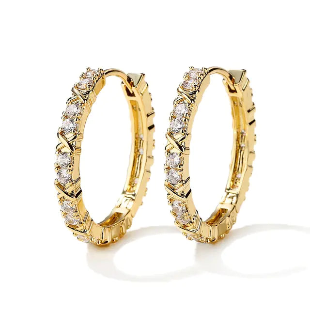 Gold Plated Zircon Cross X Hoop Earrings for Woman