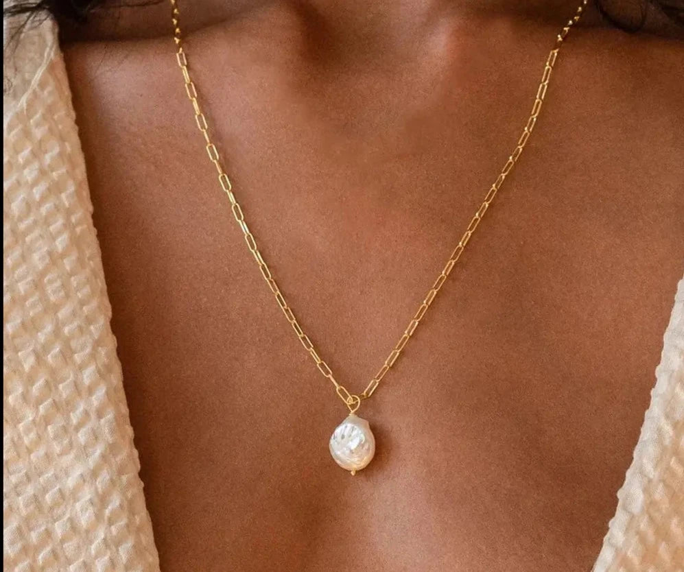 Rectangle Link Chain Pearl Necklace