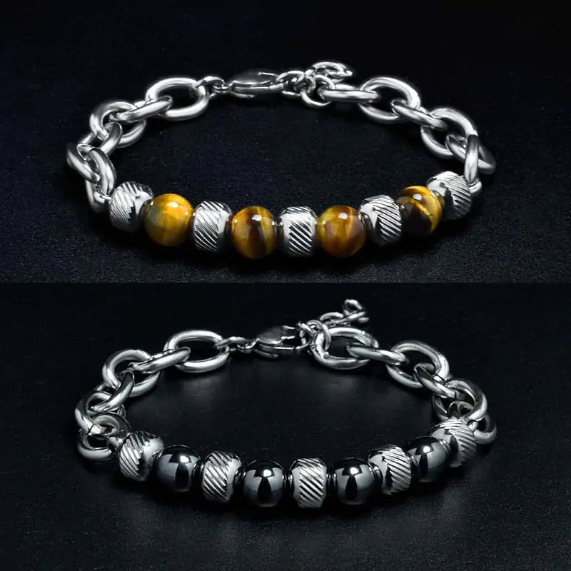 New Men's Adjustable Natural Stone Bead Stainless Steel Bracelet